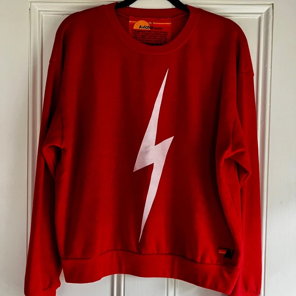 LIKE NEW Aviator Nation BOLT RELAXED CREW SWEATSHIRT - RED / WHITE (Size Small) - Picture 3 of 11
